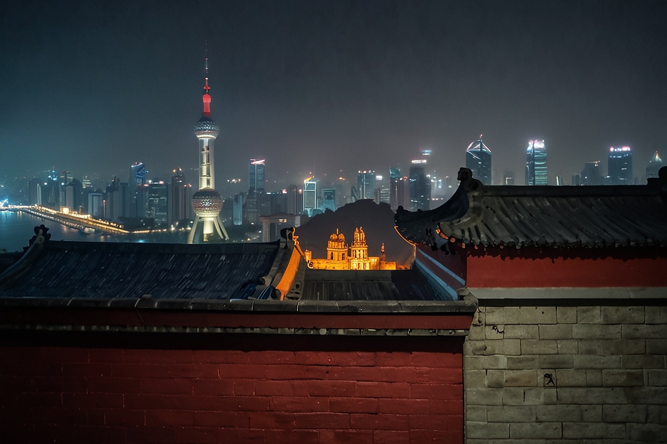 منظره شهری شبانه آرامی که معماری سنتی چینی را در پیش‌زمینه کنار هم قرار می‌دهد، با یک خط افق مدرن و برج در پس‌زمینه، که همه در مهی ملایم احاطه شده است.